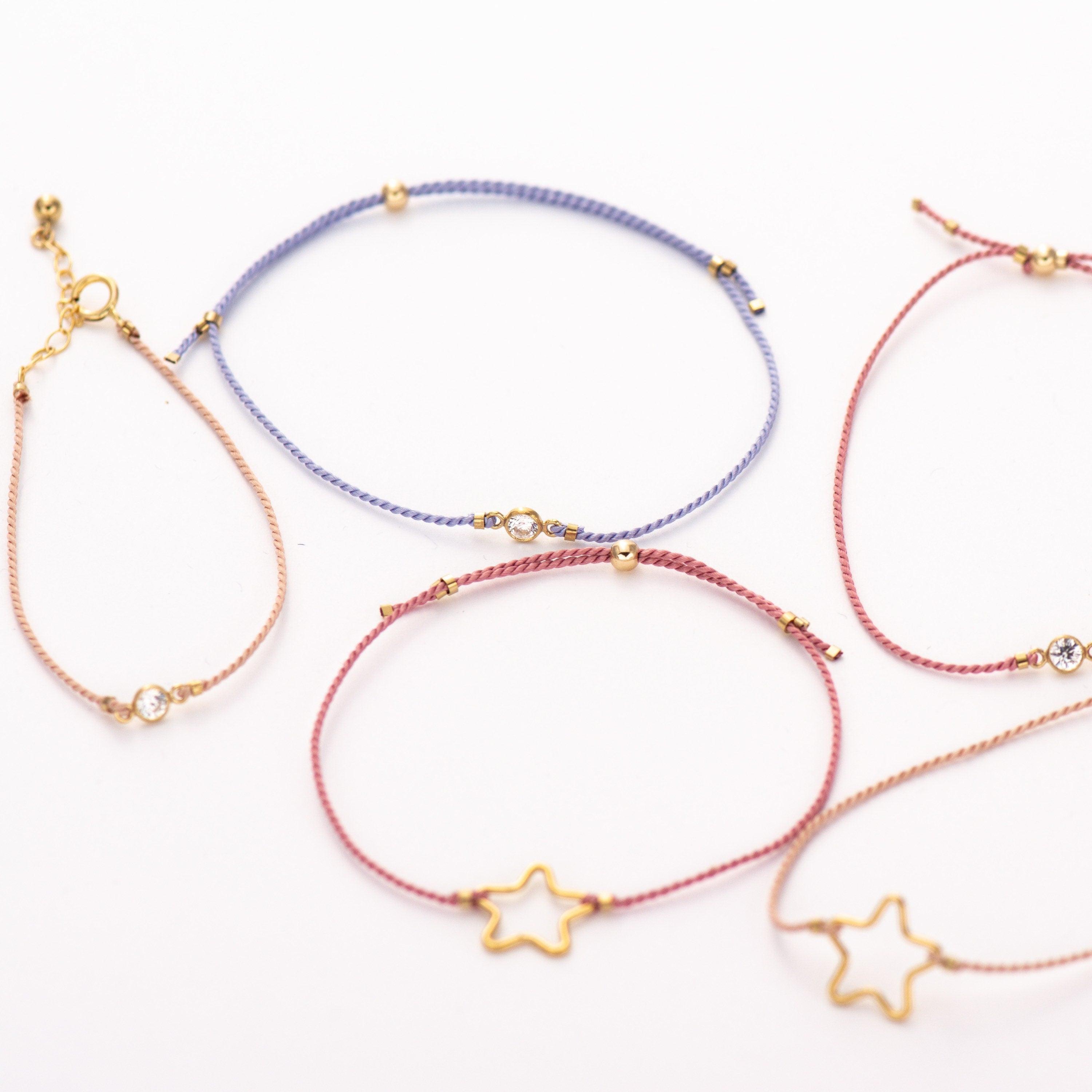 SET of 2 Silk Cord Bracelets: Star + Tiny Diamond cut CZ Morse and Dainty Jewelry by Olivia Cactus