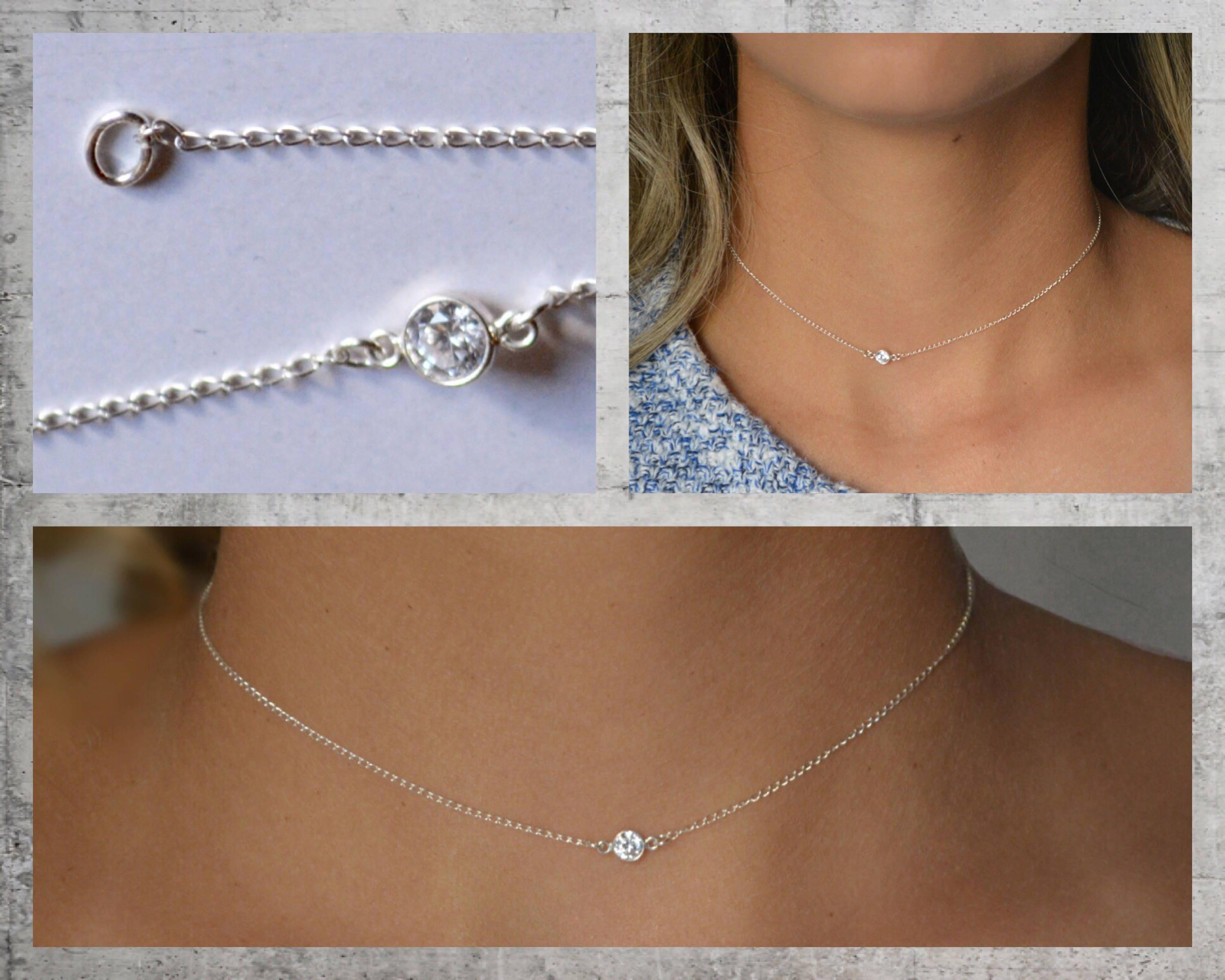 Silver Choker / Single CZ Solitaire Bridal Bridesmaid Gift Choker / Little Round CZ Charm Choker  / Silver Chain Choker / Sterling Silver Morse and Dainty Jewelry by Olivia Cactus